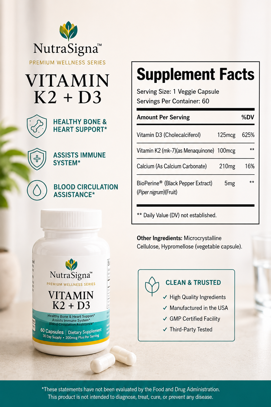 Vitamin K2 + D3 – Bone, Heart & Immune Support – 60 Capsules